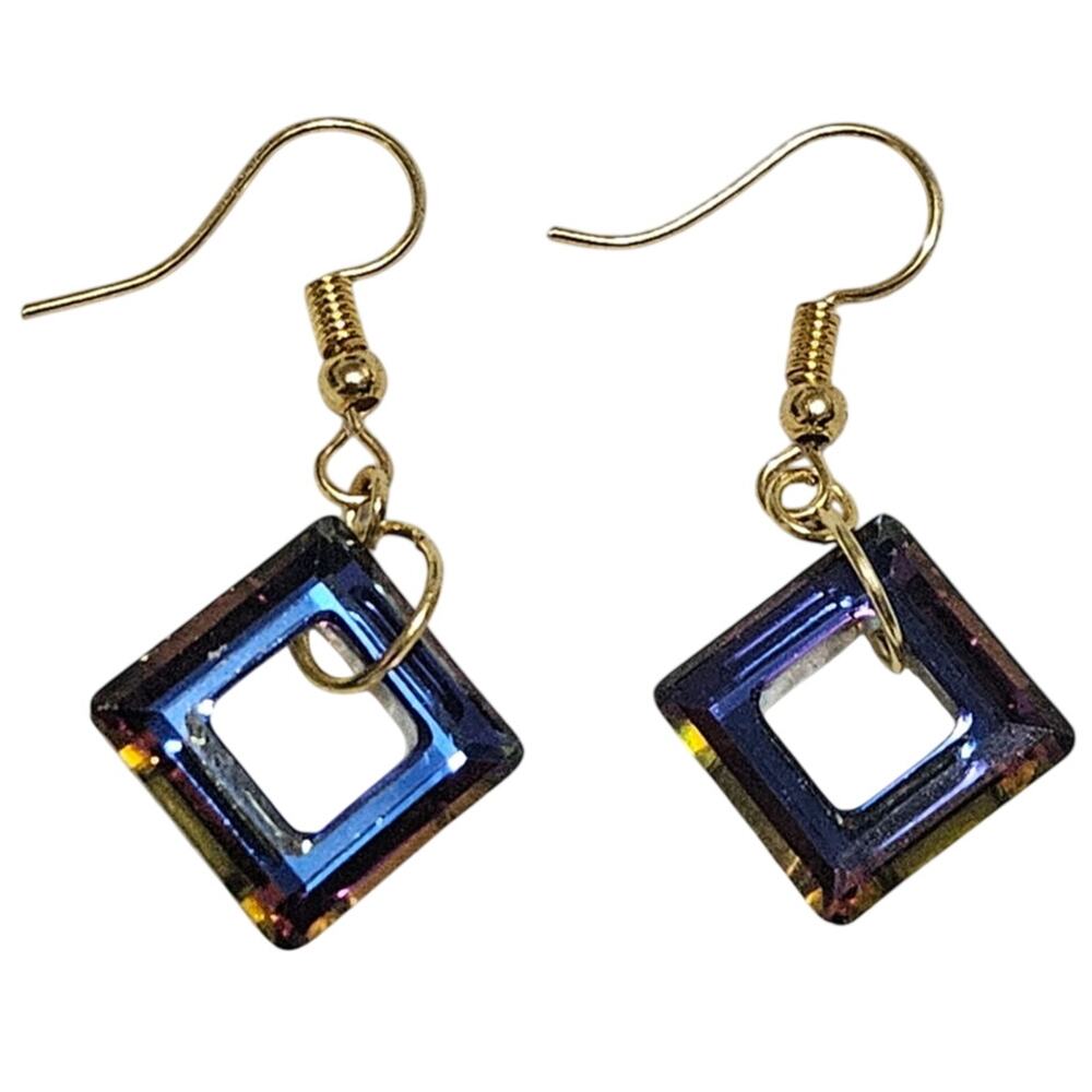 Artisan Dangling 14mm Swarovski Crystal "Cosmic Squares" Gold Fishhook Earrings